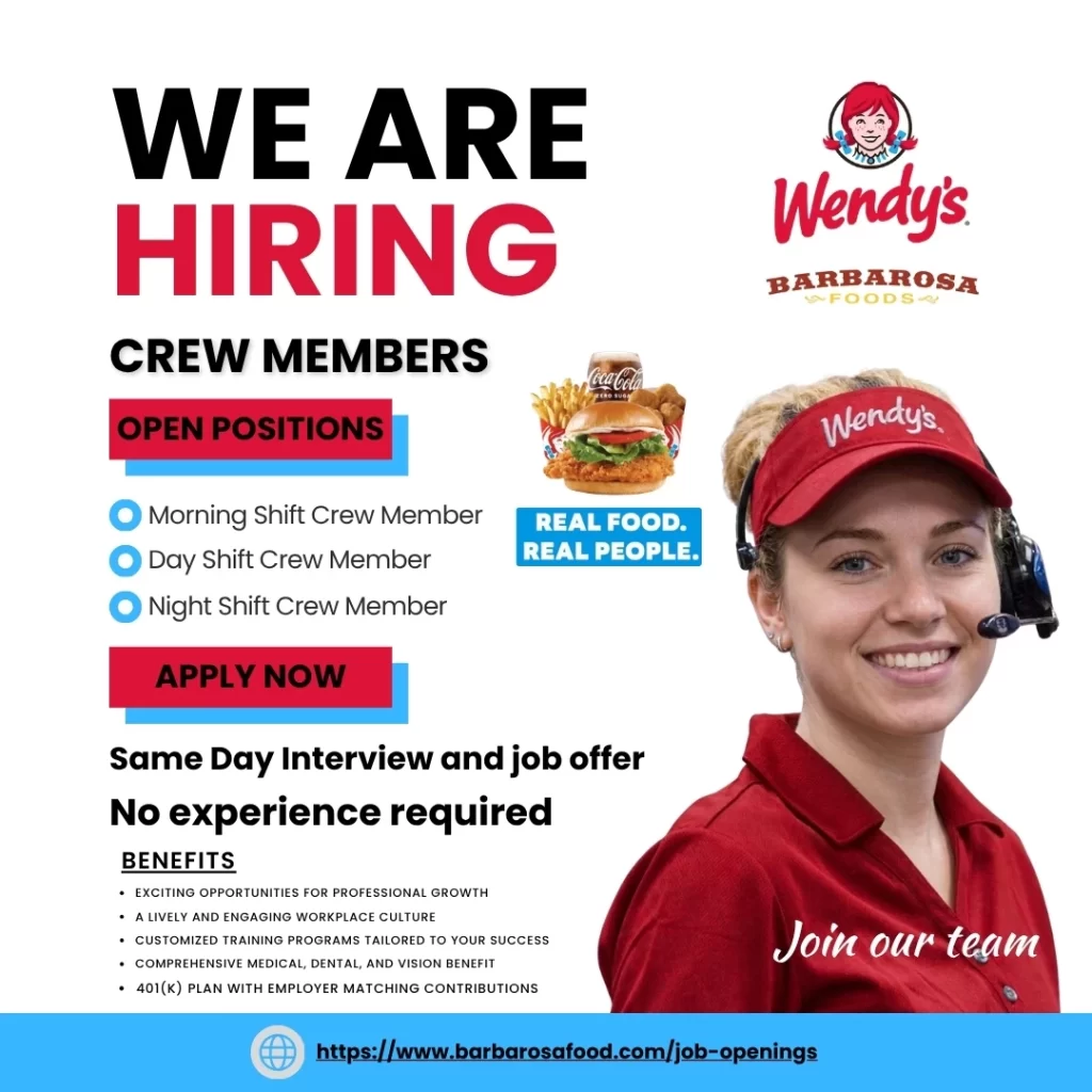 Wendy's crew member in red uniform and headset smiling — Barbarosa Foods now hiring for morning, day, and night shifts