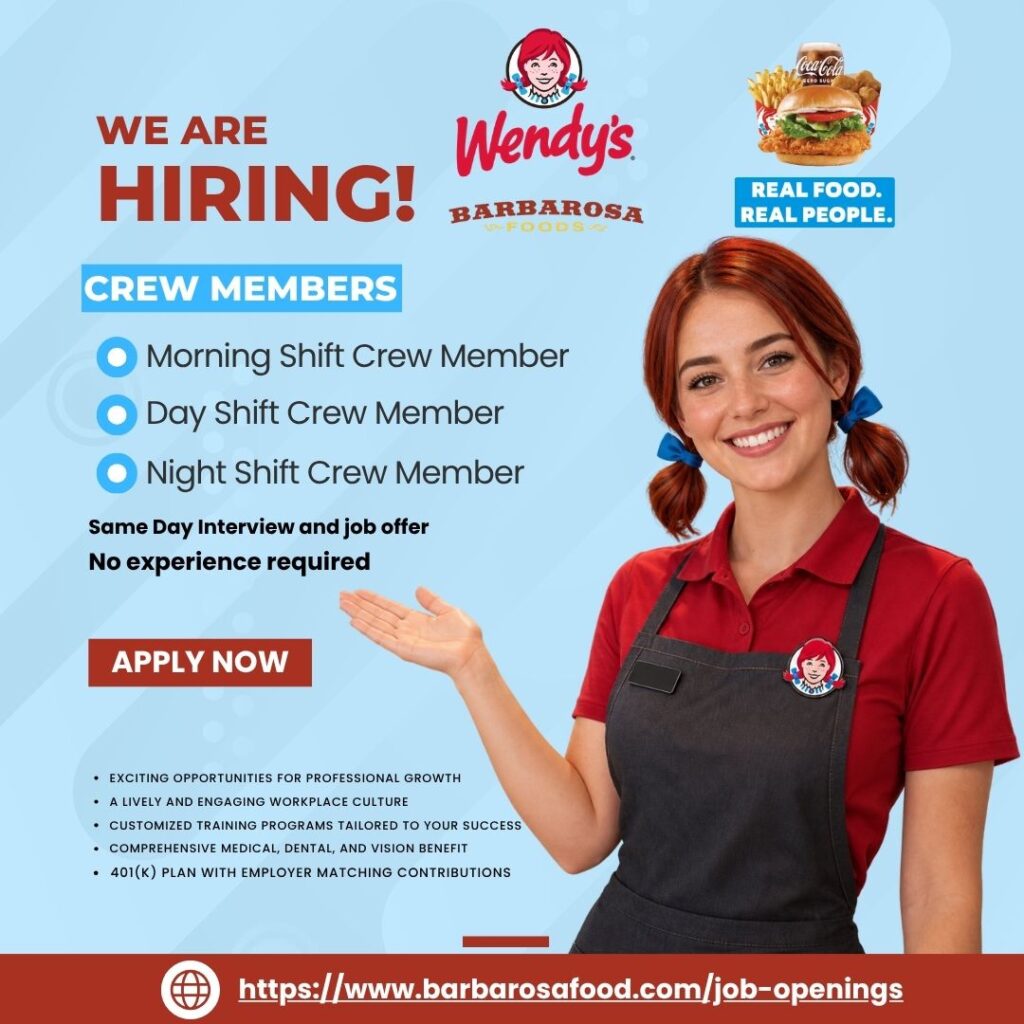 Wendy's crew member smiling in red uniform with apron — Barbarosa Foods now hiring for morning, day, and night shifts with same-day interviews and no experience required